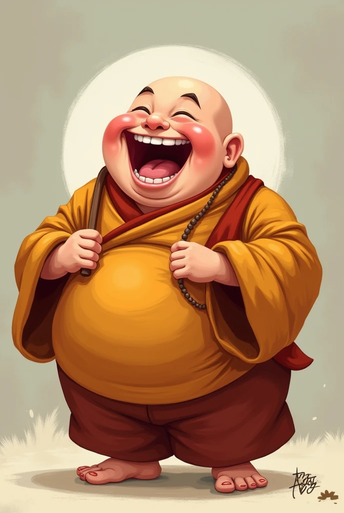 Kid monk with big stomach is laughing badly