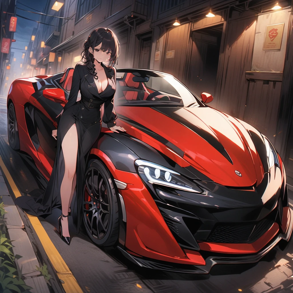 (masterpiece, best quality:1.2), in dark alley,Mother Hao(Black hair and black eyes,Masked,Handsome black wavy hairstyle:1.2),(Delicate face,Wearing all black trench coat,Wearing high heels:1.2),(3,Sexual Gray is prevalent:1)Driving a red anthropomorphic convertible sports car,The front of the sports car made a smug expression,On the passenger seat was a crying yellow rice jelly(,Anthropomorphic food:1),Front view
