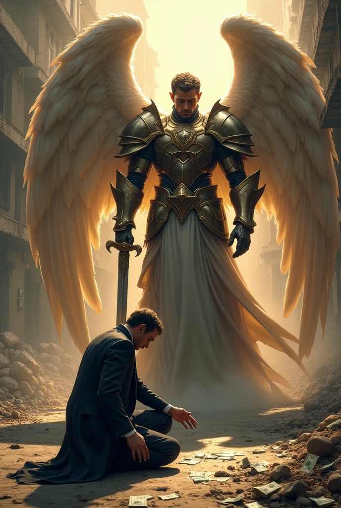 rchangel in armor pointing sword and defeating a evil pastor kneeling before the Archangel wearing a suit, money falls out of the suit pockets, they are in a destroyed city
