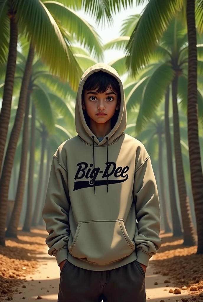 A young man wearing a hoody name on the hoody is BIG-DEE standing under the coconut plantation