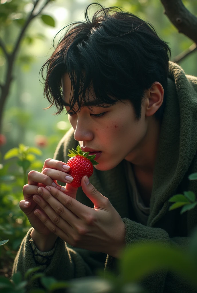 Hands, stained with dirt and with nails full of dirt, approach a strawberry. Adventure-hardened fingers hold it carefully, Yeonjun's thirst crying out for a bite of his favorite fruit. The forest, his refuge during his escape, had left its mark on him, but the simple joy of tasting a strawberry was a balm for his hungry soul.