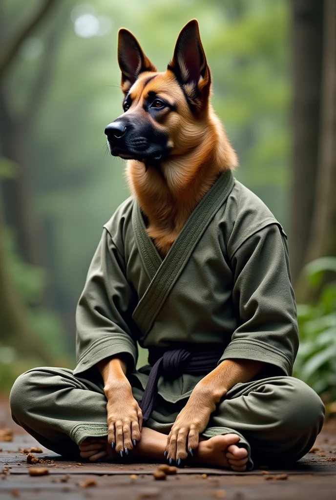 German Shepherd . Wearing a camouflaged martial arts outfit. Meditating.