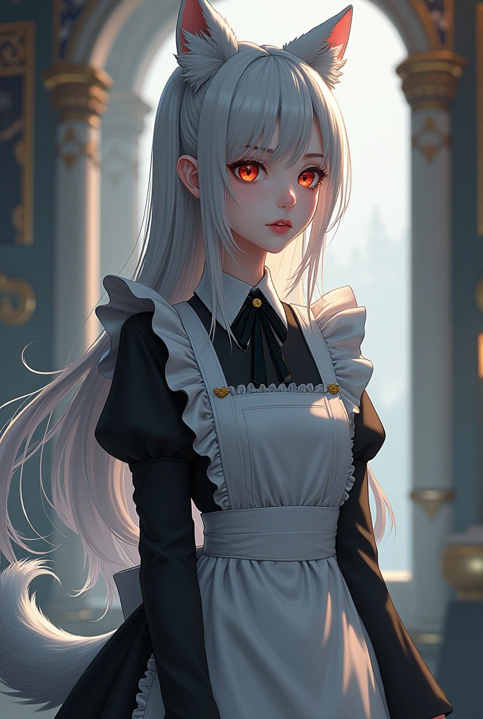 Wolf girl with appearance of teenager and adult with maid clothes wolf ear wolf tail anime line best quality and best effects best shadows best lighting 8k