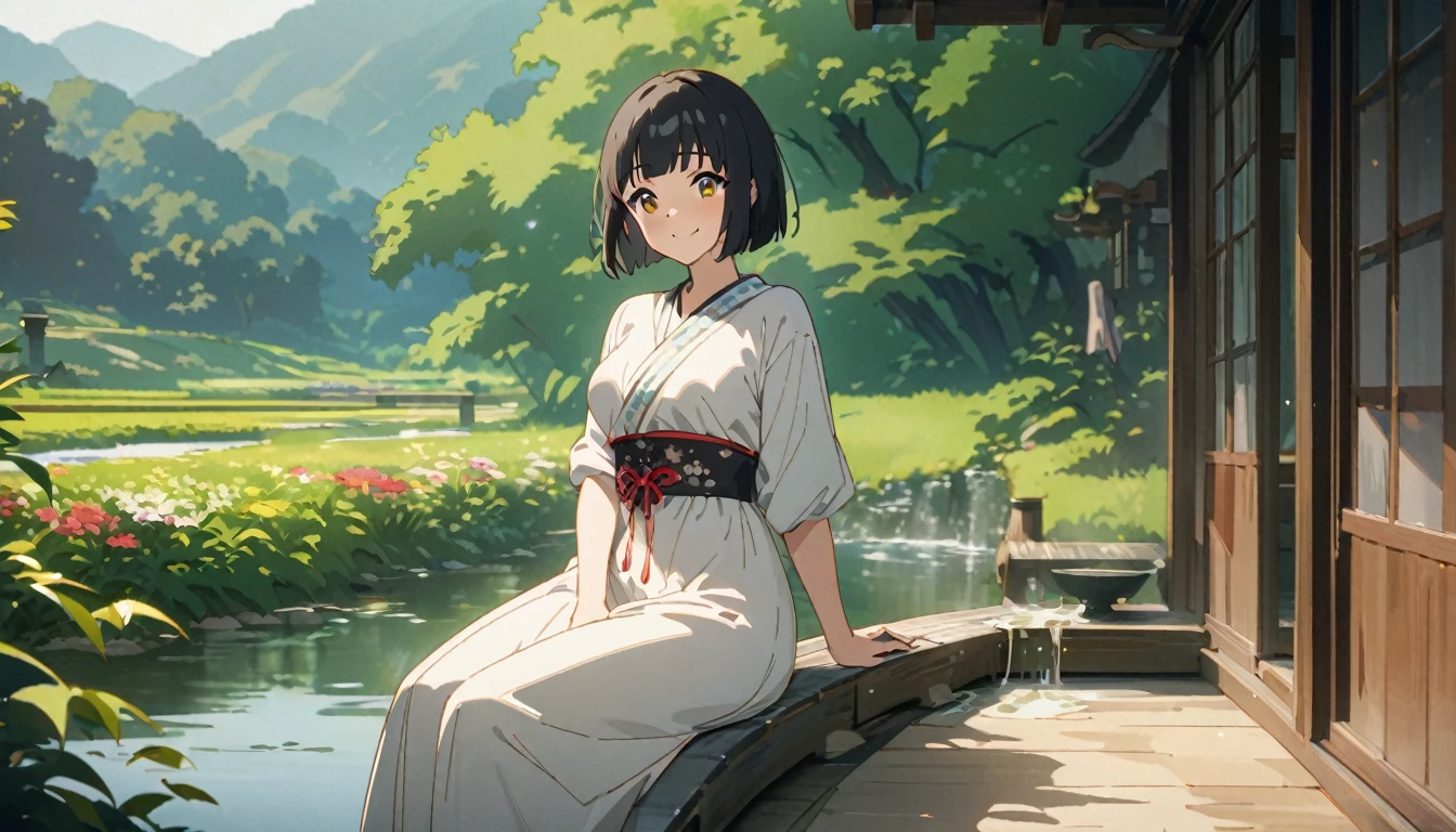 A girl in a beautiful dress、Black Hair、Hime cut、Golden Eye、Sitting upright on the veranda:1.5、(A precise spring flows in the garden.:1.3)、Japanese countryside scenery、Relaxed time、Masterpiece、超Masterpiece、anime、Cel painting、16K、Precise illustrations、Highest quality、front、Detailed depiction、smile、