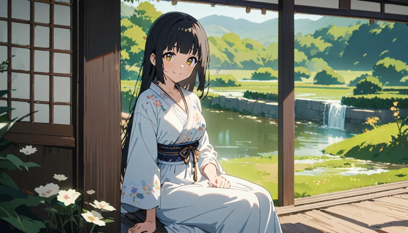 A girl in a beautiful dress、Black Hair、Hime cut、Golden Eye、Sitting upright on the veranda:1.5、(A precise spring flows in the garden.:1.3)、Japanese countryside scenery、Relaxed time、Masterpiece、超Masterpiece、anime、Cel painting、16K、Precise illustrations、Highest quality、front、Detailed depiction、smile、