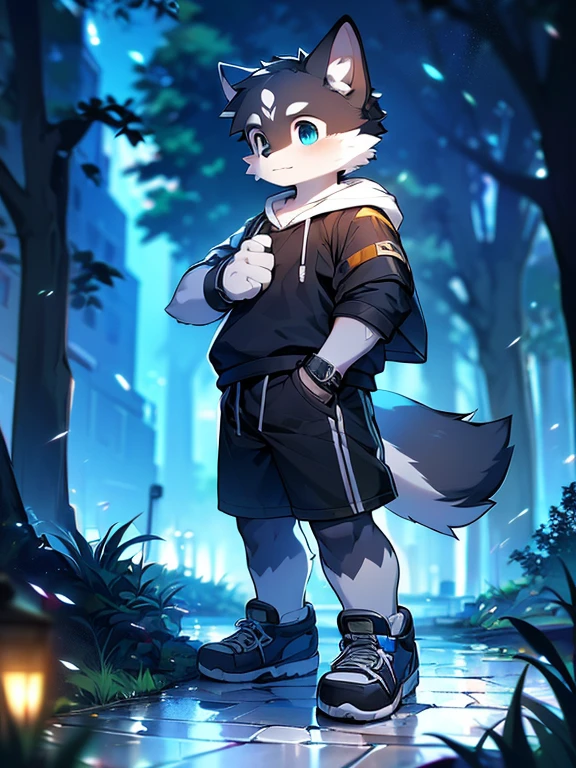 best quality, masterpiece, highres,(Black fur:1.2), Wolf animals, hairy,cub,male,((ultra detailed,blue,Big watery eyes,)),((Black clothes,Commoner),Black sports shorts,white trim,White socks)),(Detailed facial hair:1.2),(Black sneakers,Red laces,Wearing a smart watch on the left hand),((Deep in the Park,Cobblestone Road,Solitary)),night,((detail)),(Depth of Field),stand up,full-body shot,Volumetric light illumination,Soft Light