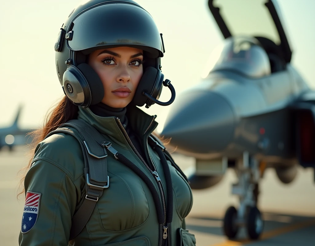 Aishwarya Rai wearing a fighter pilot suit, wearing a pilot helmet and oxygen mask, climbing a fighter plane, full body view, far view, side view,