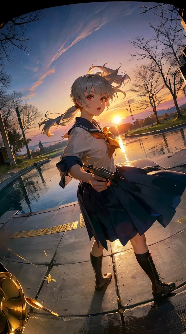 (((holding gun, ultra detailed, M92F, M9, hand gun, ultra detailed ))), Full body shot, sunset, ((fisheye)), ruin charch, oversized, beautiful red eyes, master peace, shiny hair, silver hair, ponytail, extra detailed, (jig eyes)brown boots, School uniform, Dynamic angle, loha, ((many gold ammunition)), gunatyou