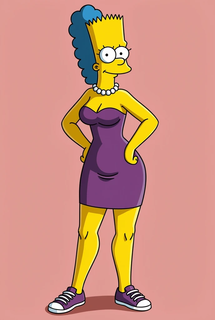 Marges simpson tight dress, full body slim, messianic breasts sexual traits, closed mouth smile single color short heel sneakers,  cartoons bold pose