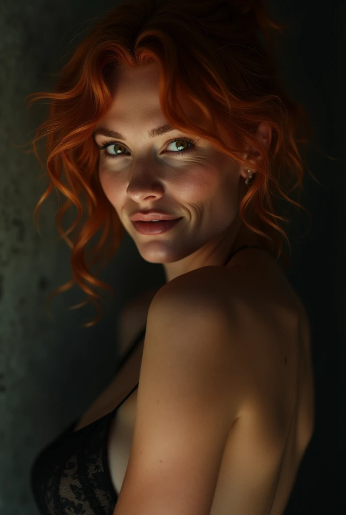 1girl,ssmile,frizzy hair, in dark, deep shadow, naked, new, sensuous, Megan Fox and Amber Heard mixed features, red hair, naked, new, sensuous, Megan Fox and Amber Heard mixed features, red hair
