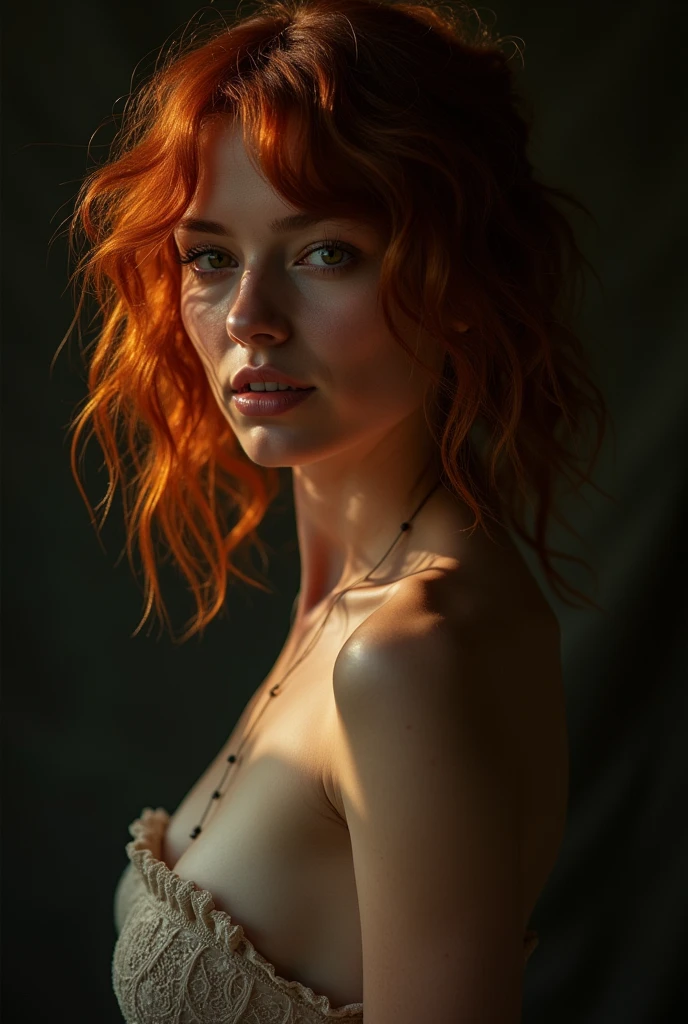 1girl,ssmile,frizzy hair, in dark, deep shadow, naked, new, sensuous, Megan Fox and Amber Heard mixed features, red hair, naked, new, sensuous, Megan Fox and Amber Heard mixed features, red hair
