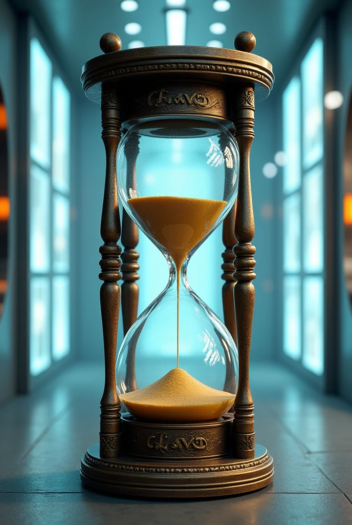 Realistic logo of An ancient hourglass, with futuristic background