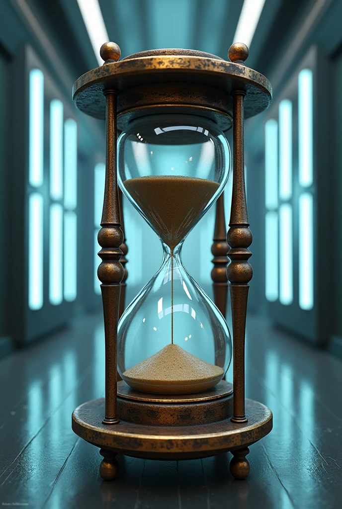 Realistic logo of An ancient hourglass, with futuristic background
