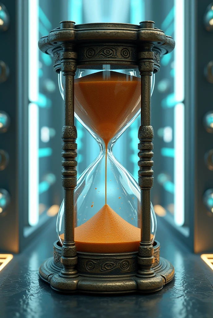 Realistic logo of An ancient hourglass, with futuristic background