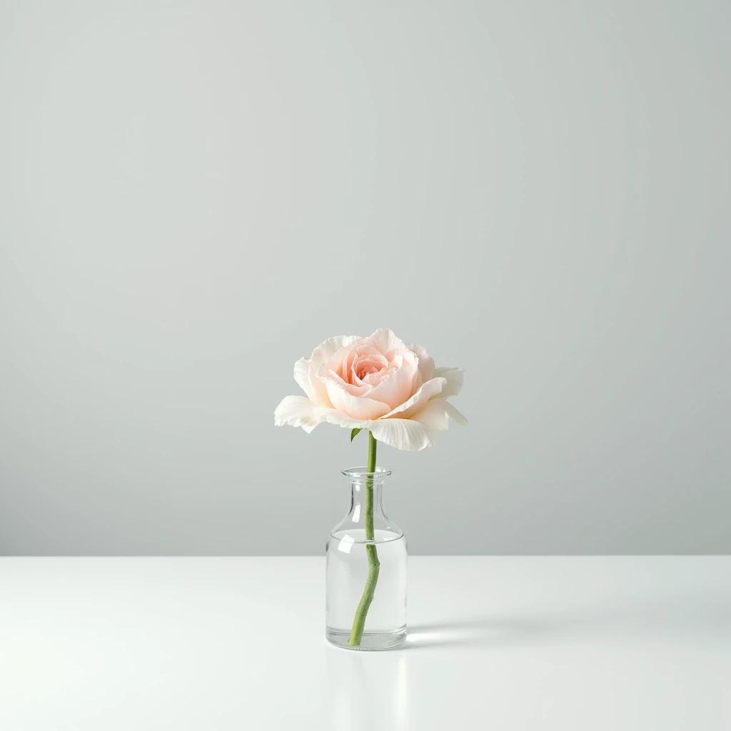 "A photograph with no people, featuring a light gray background. A single flower in a glass vase is placed on a white surface, creating a simple and elegant composition."