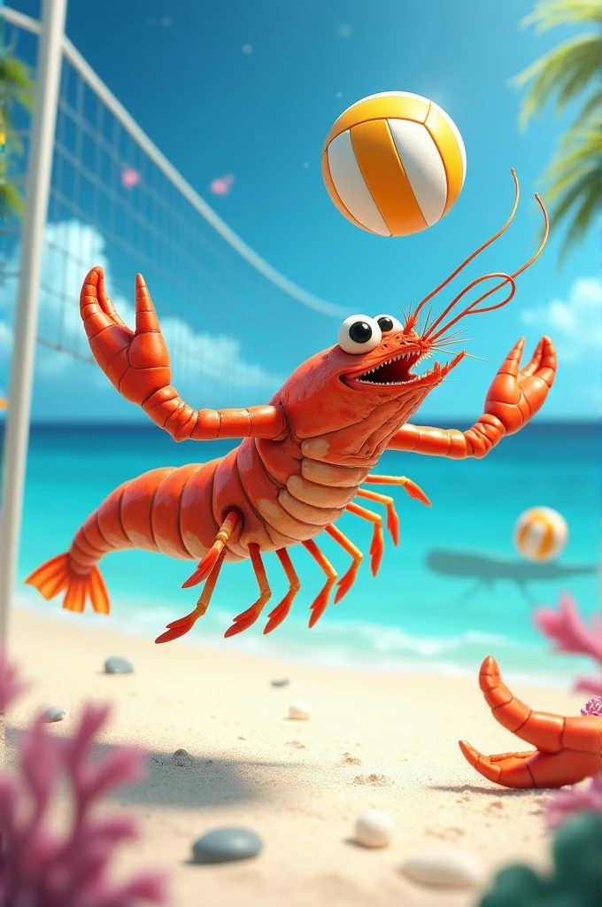 A shrimp playing volleyball