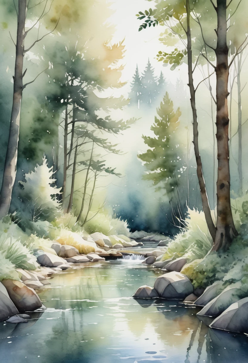 A delicate watercolor illustration of a peaceful forest with a gentle stream, creating a tranquil and soothing atmosphere. not woman.
