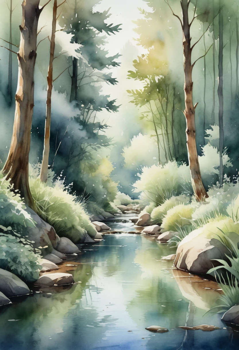 A delicate watercolor illustration of a peaceful forest with a gentle stream, creating a tranquil and soothing atmosphere. not woman.