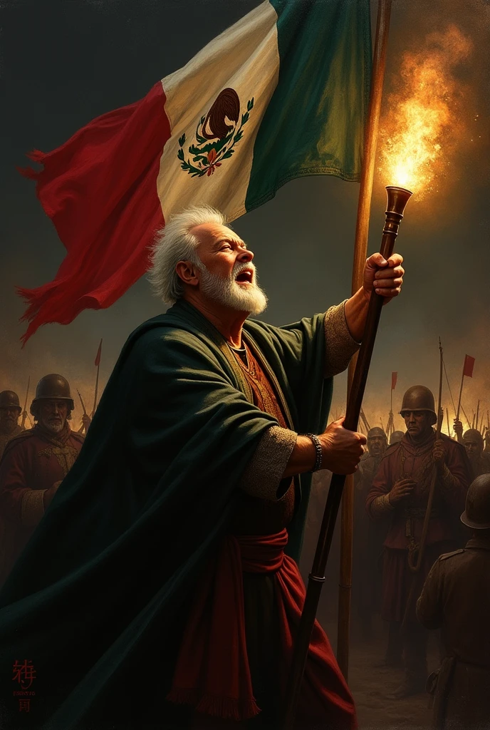 masterpiece, realist, high contrast, dark background,Caravaggio, white haired man, and bald, raised a flag of the Virgin of Guadalupe, and giving a shout, Behind you can see the ravages of war, Miguel Hidalgo, hero of independence, from Mexico, high contrast, Renaissance painting style, baroque, Rembrandt, Black background, warm tones, illuminated by a torch,