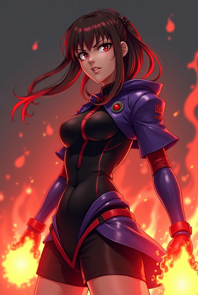 1 rebellious brunette girl, serious face, looking to the side with an angry look, cloused mouth, long brown hair with red highlights at the ends, wearing a black shirt with red lines, purple shoulder covering with red details on the ends, a purple side skirt with red details, wearing black knee-length shorts, red fire powers in hands