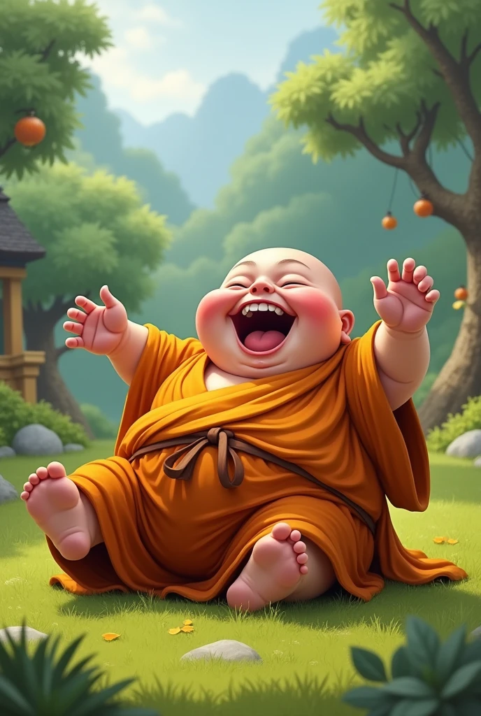  Kid monk with big stomach is laughing badly, rolling on land