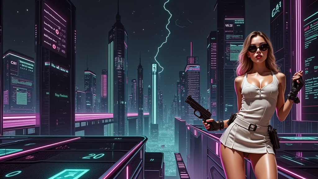 Futuristic cityscapes with colorful all-glass outlined towering skyscrapers with lightning, flying vehicle. High-resolution OLED GUI interfaces in the building, The windows are filled with transparent data visualization infographics that show it all, from weather patterns to traffic flow. Colors are saturated and vibrant. At night, (1girl, solo, alone), photorealistic, large-breast slim:0.6 body, oval:0.5 face, cleavage:1.1, very low angle view of pleated miniskirt, deep-v, (upskirt), glove, (Matrix style black micro sunglasses), (aiming viewer with a short gun), dynamic running pose, (half-body thigh level close-up shot), cinematic lighting, ray tracing, motion blur background.