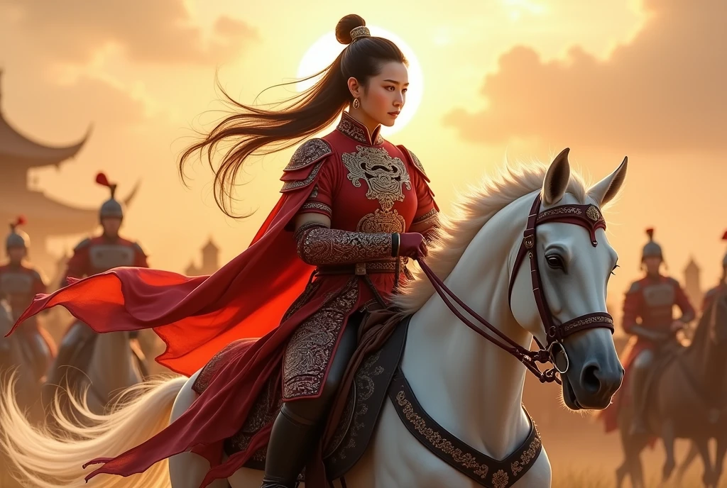 motion blur, Side view, ride on white horse, horse harness, hold bridle, run horse , dynamic scene, full-body Ancient Chinese Girl, 2nd century, Beautiful young Chinese general, The girl is 25。(Highly detailed face, Black Hair, Mid-length hair ,Brown eyes, Variegated eyes, Ordinary eyes, Tapered eyebrows, Fuller lips, Small lips, Silas), (Earrings), (Middle chest, Middle Hip), (ancient Chinese costume, Red Leather Armor Embossed Dragon Armor , Leather inner, Wear a red cape on your shoulders ), battle field, sunset ,(masterpiece, Highest quality, masterpiece, God-like quality, Sacred art, Very realistic)