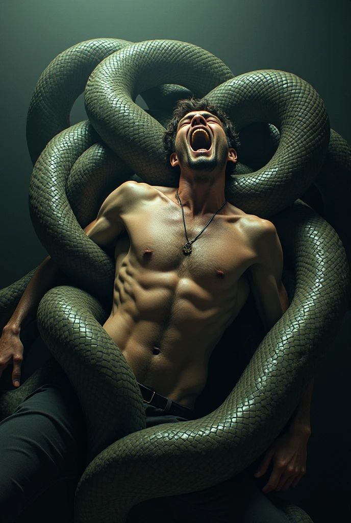 Giant snakes are crawling all over a man's body.,man in panic