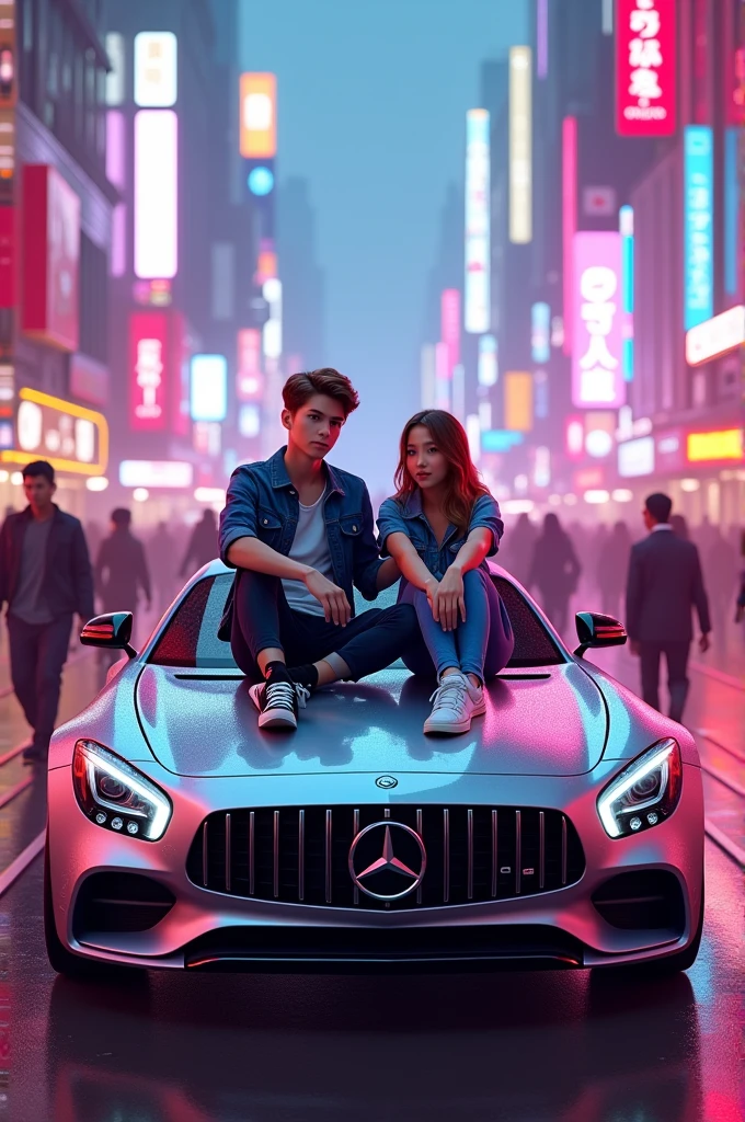 A boy with  girl sit on a Mercedes car in the pink city neon colour and neighbouring people walking on the road and boy wear denim and 