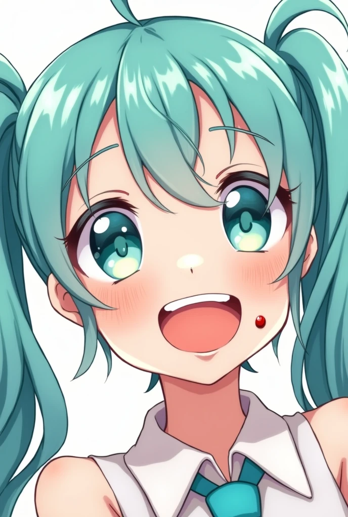 Hatsune Miku smiling with sticky in her mouth