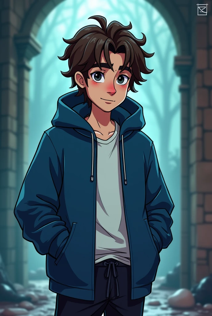 Cartoon Paranormal Order Stroke Style.
one men, relatively young, with shoulder length brown curly hair, deep dark circles and a slightly large nose. wearing a blue velvet hooded coat with a white shirt inside, and black sweatpants.