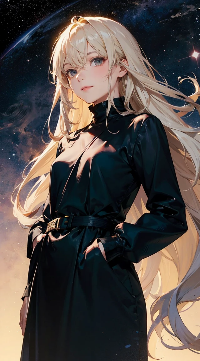 A petite girl dressed as an emperor penguin chick,
with a space-like background with stars and nebulae,
Anime style,
Charming,
Mysterious,
Mysterious,
Fantastic,
Alluring,
Pure white hair,
Golden eyes,
Petite girl,
Loyal, elegant and mysterious,
Gentle smile with kind eyes,
A calm and natural expression,
Clever, calm and intelligent,
Curiosity,
Beautiful, supple and flowing hair,
The longest hair,
Extremely long hair,
Flowing wavy hair,
Side hair,
Side curly,
Bangs,
Hair between the eyes,
Petite,