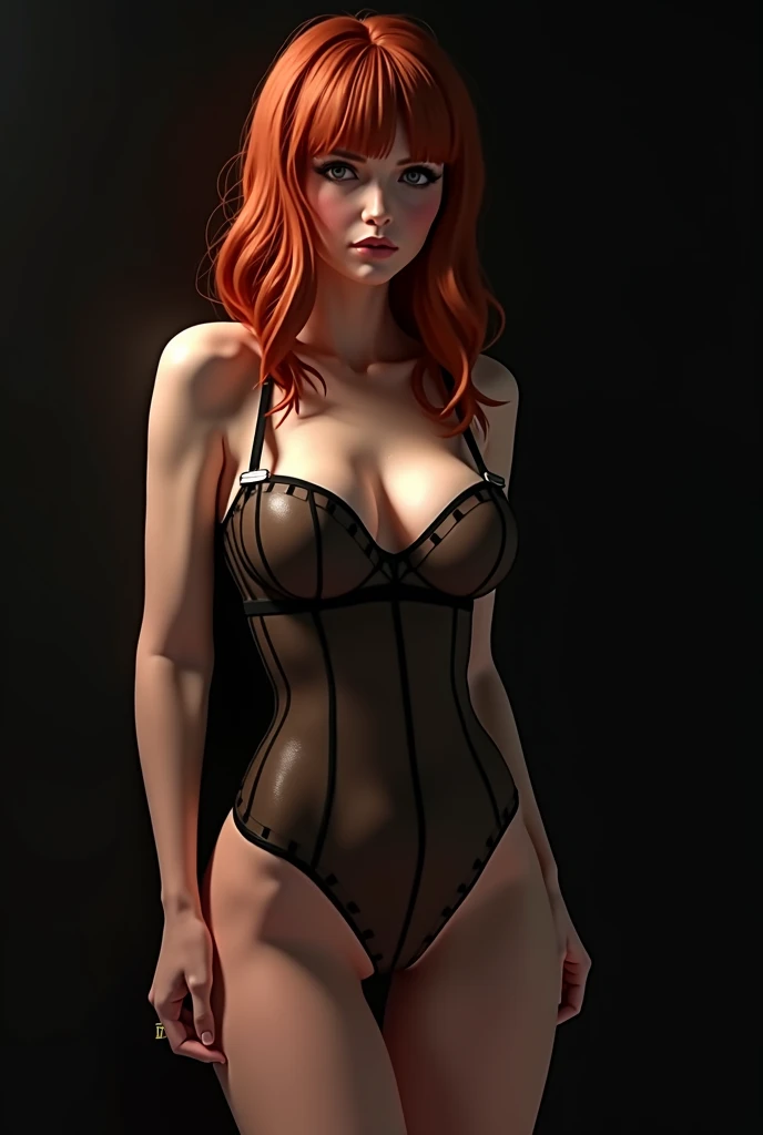 beautiful redhead, sexly, safada, sensuous, She is dressed in lingerie and pantyhose, breasts and ass exposed