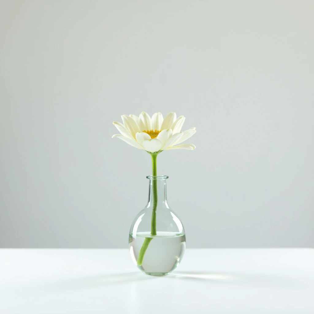 "A photograph with no people, featuring a light gray background. A single flower in a glass vase is placed on a white surface, creating a simple and elegant composition."
