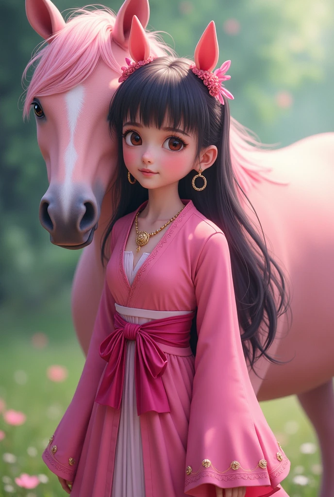 (Dragon Ball character) A shy and beautiful girl with maroon eyes, dark pink skin and a light pink horse, with a hot pink dress tied with a brooch and a pinky colored ribbon, Also wearing long sleeves like a kimono and having her chest half covered