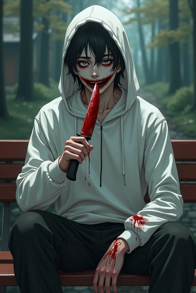 Man with white skin without eyelids with a cut smile licking a bloody knife wearing a white hooded sweatshirt stained with blood and black pants with medium long hair quite attractive sitting on a bench looking like anime type