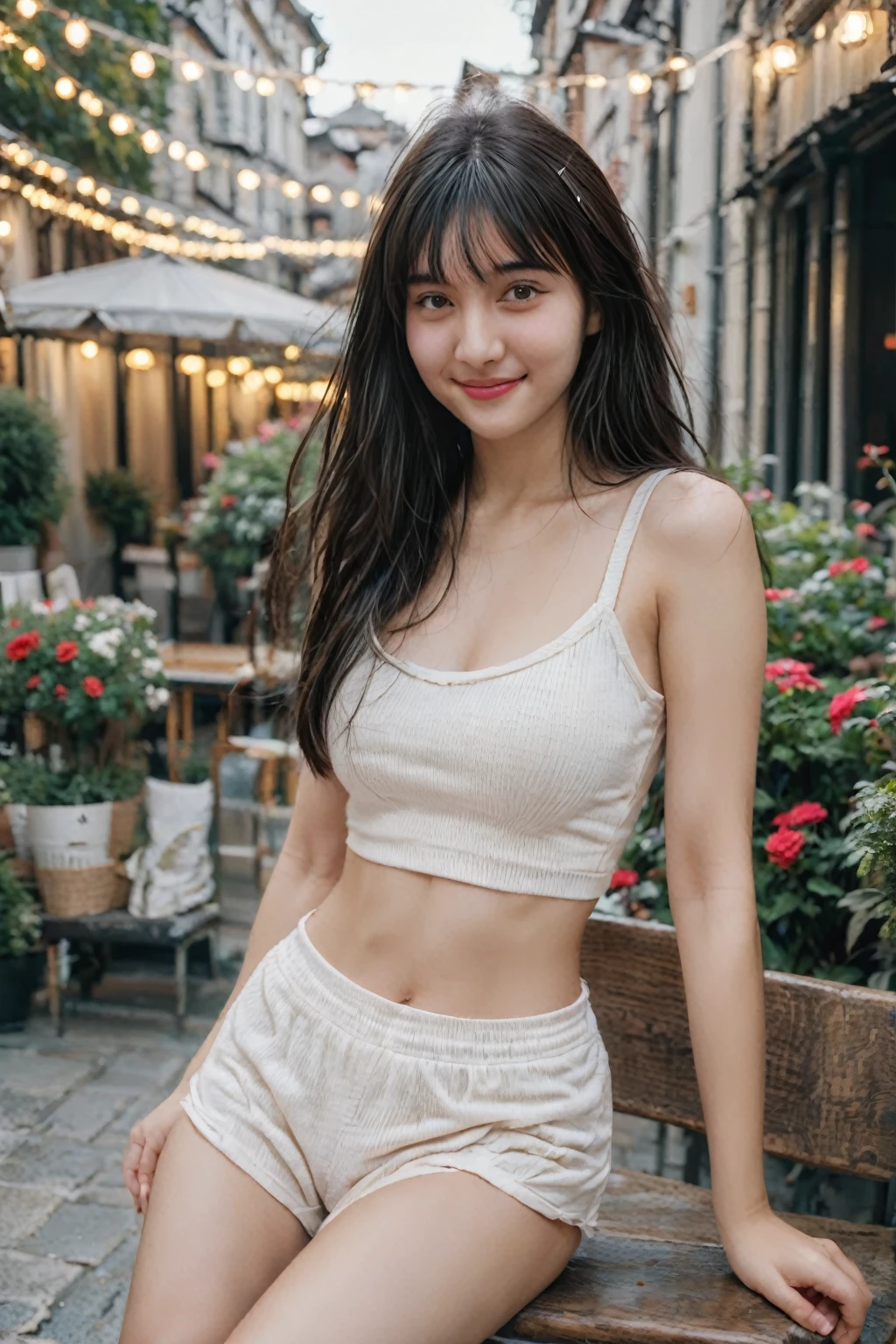 A high-resolution, wide angle shot, 4K portrait of a beautiful 20-year-old woman with a happy smile, detailed skin, and clear eyes. 
She has long, messy black hair with bangs and dark brown eyes with slight dark circles, looking at viewer. 
The image features natural, soft lighting with a low contrast and film grain effect. 
She has perfect shaped medium breast. 
She is dressed in Cropped Tank Top and High-Waisted Shorts
Description: A grey ribbed cropped tank top paired with white high-waisted cotton shorts. The top is snug and supportive, while the shorts are loose and comfortable, providing a cozy yet flirtatious look.
Accessories: Add fluffy slippers, a light cardigan, and a headband to keep hair out of the face.
Sitting in An outdoor cafe with small tables and chairs set on a cobblestone patio, surrounded by potted plants and string lights overhead. The cafe has a cozy, relaxed atmosphere with umbrellas providing shade and a view of a busy street or a garden. 
The composition emphasizes ultra-detail, sharp focus, and vivid colors, with HDR and UHD quality, capturing a whimsical and dreamy aesthetic with a bokeh background. Looking at viewer