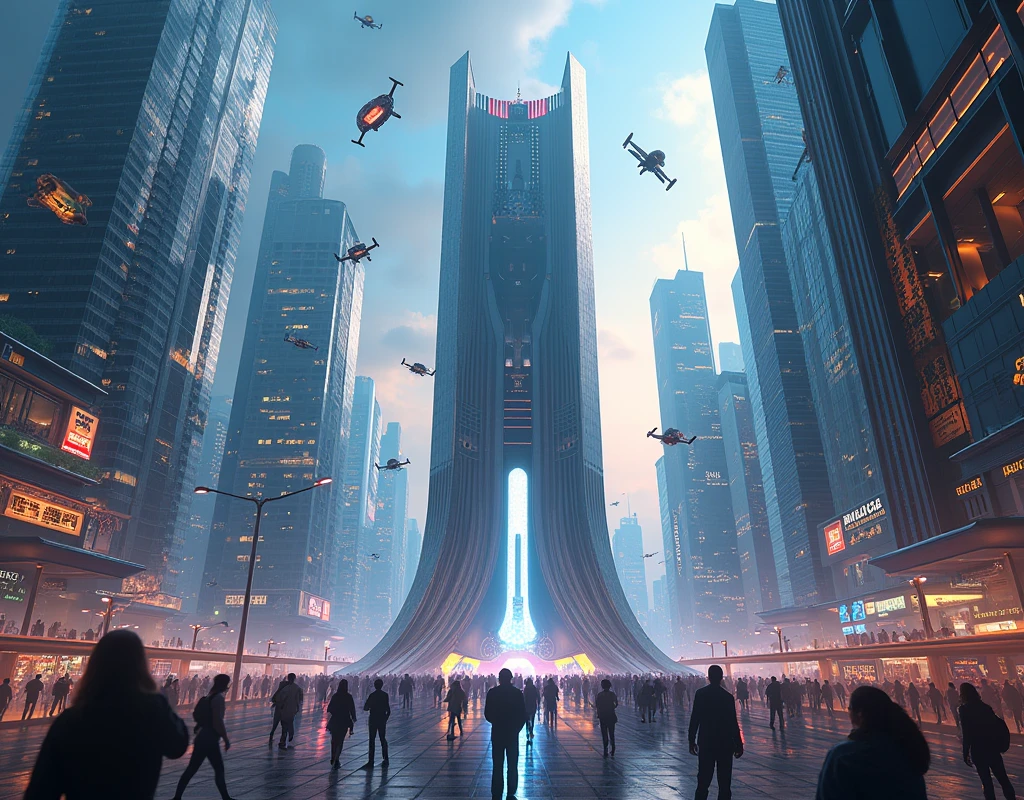 Create an illustration of a bustling modern futuristic city with a monument of President López Obrador in the center. big tall buildings in the cyber future