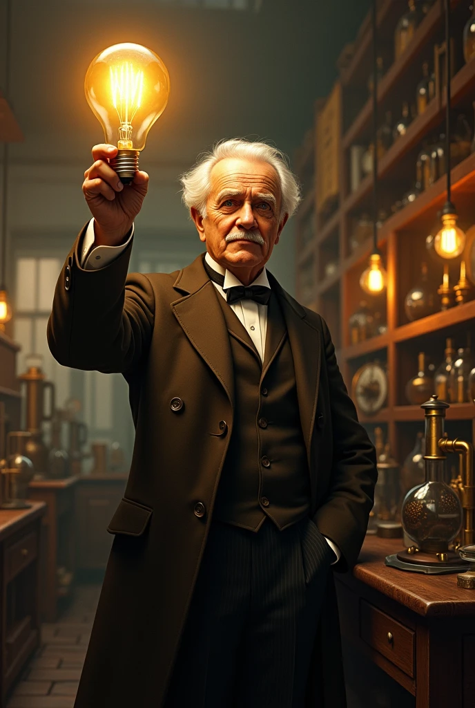 Edison’s Breakthrough Moment: "An artistic representation of Thomas Edison proudly holding his successful light bulb with a bright glow, with a backdrop of his lab and early electric lighting setups."