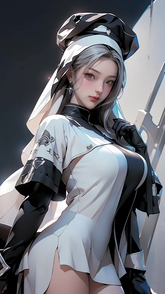 1 woman, Long bun blonde hair, smile, blue eyes, Black and white nun hat, high resolution, extra sharp, 8ก, Masterpiece, look at viewer, Long black gloves,  big breasts, big thighs, sharp eyes, 
((best quality)), ((Masterpiece)), (details:1.4), 3d, Image of a beautiful cyberpunk girl., Long blonde buns, blue eyes, HDR (high dynamic range),Ray Tracing, nvidia RTX, Excellent resolution, Not true 5,subsurface scattering, PBR texture, After processing, Anisotropic filtration, depth of field, Maximum clarity and clarity, multi-layered surface, Albedo and special maps, surface shading, Accurate simulation of light-material interactions, perfect proportions, Octane rendering, Two-tone lights, wide aperture, Low ISO value, white balance, Third rule,8K raw files, 8 floating cones, Aura