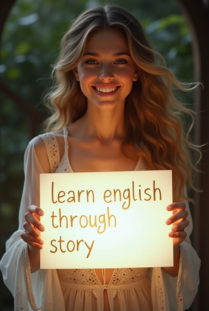 Beautiful girl with heart-warming smile and wavy long hair, bohemian dress, holding a white board with text "learn English Through Story" and showing it to the viewer, the board is glowing with  the text.