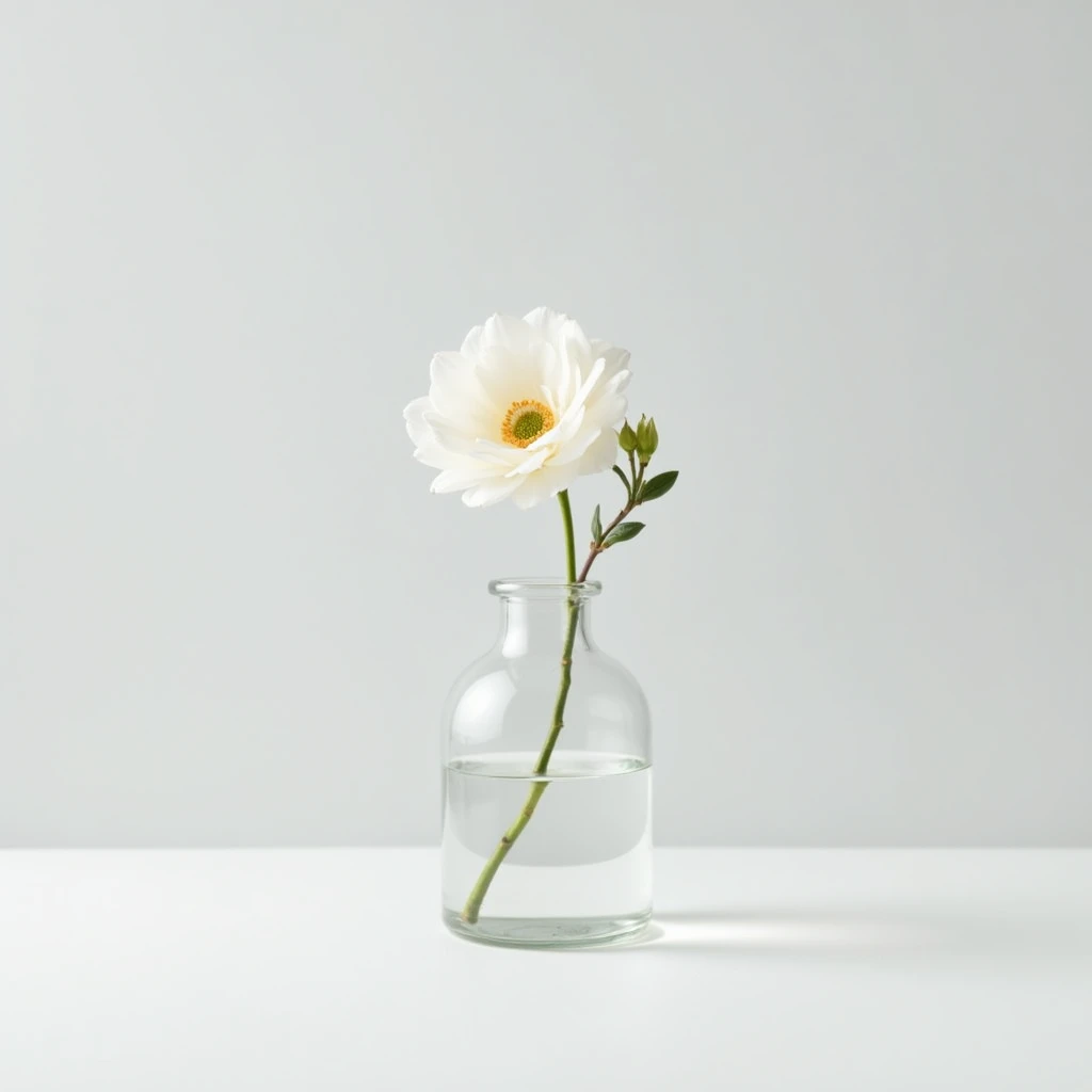 "A photograph with no people, featuring a light gray background. A single flower in a glass vase is placed on a white surface, creating a simple and elegant composition."