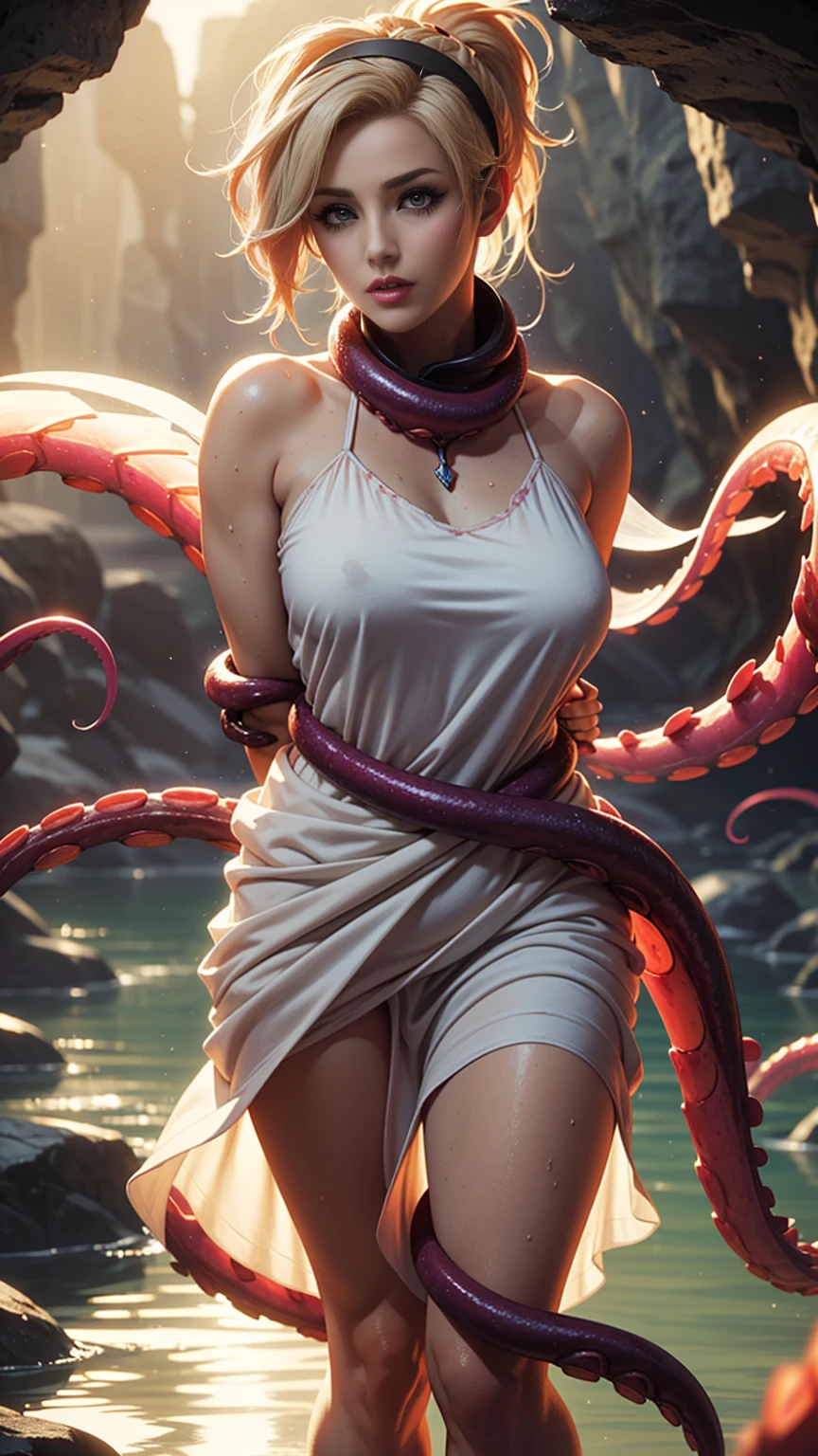 Beautiful,woman, Mercy from overwatch, blonde hair, pink hairband, ponytail, dewy complexion, long eyelashes,soft-petalled lips,(beautiful detailed lips:1.1),(medium breasts:0.9),youthful appearance, blonde locks cascading down, seductive sexy pose, comfortable atmosphere,(cave background:1.1),soft sunlight, pastel color palette,(best quality:1.2),(highres:1.1),(realistic:1.37),(physically-based rendering:1.1),(vivid colors:1.1),(soft lighting:1.1), full body, visible feet, (((sundress))), (((sundress))), sweaty, blushed, (((flip flops))), standing, (((tentacles bound her))), (((panic face))), (((struggling)), (((scared))), fighting, looking sideways, ((semi nude)), (((arms behind back))), open legs,