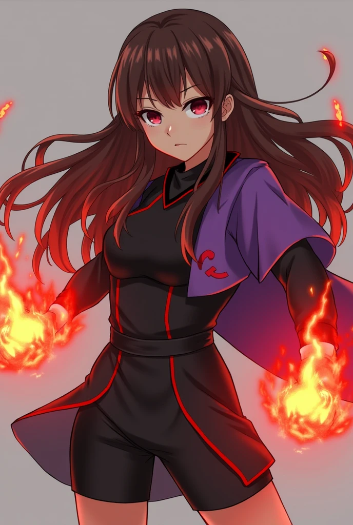 1 rebellious brunette girl, serious face, looking to the side with an angry look, cloused mouth, long brown hair with red highlights at the ends, wearing a black shirt with red lines, purple shoulder covering with red details on the ends, a purple side skirt with red details, wearing black knee-length shorts, red fire powers in hands
