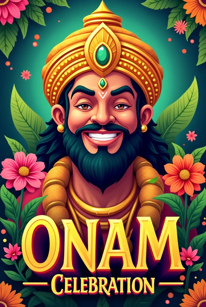 Mahabali with a smiling face poster with title onam celebration .GVHSS PONKUNNAM tilted in bold letters above the poster
