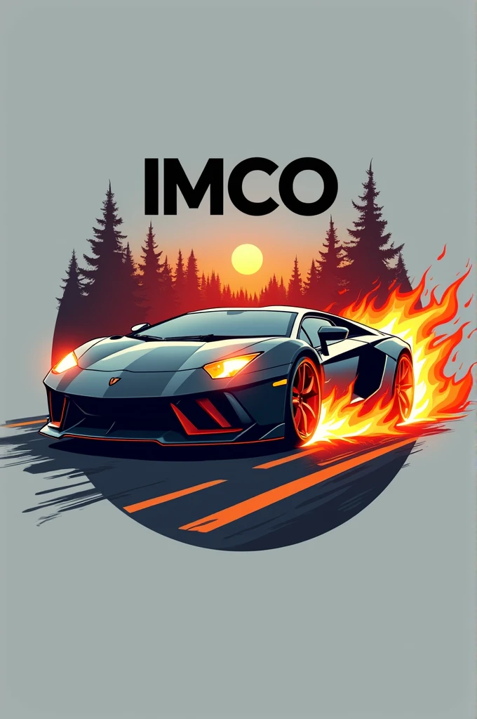Create a logo for an automotive company called IMCO, In this one he adds in the same letters a road with a car with fire in the tail of the car, The logo should stand out more than the car