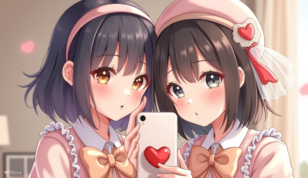 Create an illustration of two young women taking a selfie together, capturing a lighthearted and intimate moment. The setting is indoors, perhaps a cozy room with a neutral-colored wall as the background, allowing the focus to remain on the characters. Both women are dressed in cute, pastel-themed outfits that feature bows, frills, and accessories, reflecting a playful and fashionable style.

The first woman, positioned on the left, has a delicate and sweet appearance with a soft smile on her face. She has short, dark hair with bangs, adorned with a pastel-colored headband that adds to her youthful charm. Her outfit includes a large, light-colored bow around her neck, complementing her ensemble.

The second woman, positioned on the right, has a more expressive and playful demeanor. She has long, dark hair styled with a beret that features a light, translucent veil attached to it. Her expression is more animated, with her lips slightly puckered and her hand gently resting against her cheek, adding a touch of playfulness to the scene. She is dressed in a similarly styled outfit with matching pastel colors and accessories, including a large bow.

The two women are holding a smartphone with a decorative heart-shaped pop socket in the foreground as they pose for the selfie. The composition should emphasize the close bond and fun atmosphere shared between the two characters, with attention to the details of their clothing, expressions, and the overall mood of the scene. The lighting is soft, enhancing the warmth and connection between the characters in this candid moment.