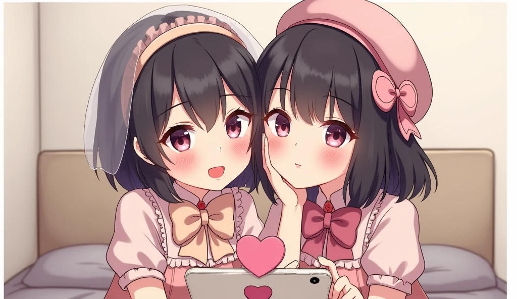 Create an illustration of two young women taking a selfie together, capturing a lighthearted and intimate moment. The setting is indoors, perhaps a cozy room with a neutral-colored wall as the background, allowing the focus to remain on the characters. Both women are dressed in cute, pastel-themed outfits that feature bows, frills, and accessories, reflecting a playful and fashionable style.

The first woman, positioned on the left, has a delicate and sweet appearance with a soft smile on her face. She has short, dark hair with bangs, adorned with a pastel-colored headband that adds to her youthful charm. Her outfit includes a large, light-colored bow around her neck, complementing her ensemble.

The second woman, positioned on the right, has a more expressive and playful demeanor. She has long, dark hair styled with a beret that features a light, translucent veil attached to it. Her expression is more animated, with her lips slightly puckered and her hand gently resting against her cheek, adding a touch of playfulness to the scene. She is dressed in a similarly styled outfit with matching pastel colors and accessories, including a large bow.

The two women are holding a smartphone with a decorative heart-shaped pop socket in the foreground as they pose for the selfie. The composition should emphasize the close bond and fun atmosphere shared between the two characters, with attention to the details of their clothing, expressions, and the overall mood of the scene. The lighting is soft, enhancing the warmth and connection between the characters in this candid moment.