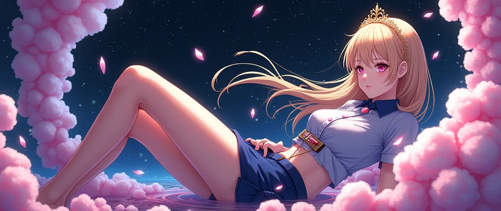 (Masterpiece:0.7), The best quality, illustration, 1Dark Magician Girl, short skirt, shirt, Footwear, Broken heart necklace, outside, black hole in the background, stars, space, in bed, The best quality, High resolution, extremely detailed, detailed background, perfect lighting, (showy, bright color:1.4), blond hair, Cotton candy cloud, sky, smile, dynamic pose, Beautiful pose, (only), (floating color ink:1.15), (Muchos toques showys:1.0), (Floating Pink Blades:1.25), (Vortex magic:1.1), (relaxed, cake:1.2), (multicolor:1.0), (beautiful detailed glitter:1.0), (slime body:1.2), (gloomy expression:1.0), (open mouth:1.0), (shadow), (blond hair:1.4), (by the width:1.0), (from the rear:1.3), (hello demonic:1.3), (Bowing head:1.0), (dynamic pose:1.1), (asymmetrical hair:1.2), (blue collar shirt:0.7), (military), (Puffy dress), :1.4), diagonal stripe, blond hair, (floating cable:1.0), (winter:1.4), (inside, inside de la habitación:1.1), (((tiara, witch has))), (Standing on one leg:1.1), (shiny skin:1.1), (Upper part of the body:1.25), latex clothing, Goddess Body, semi naked