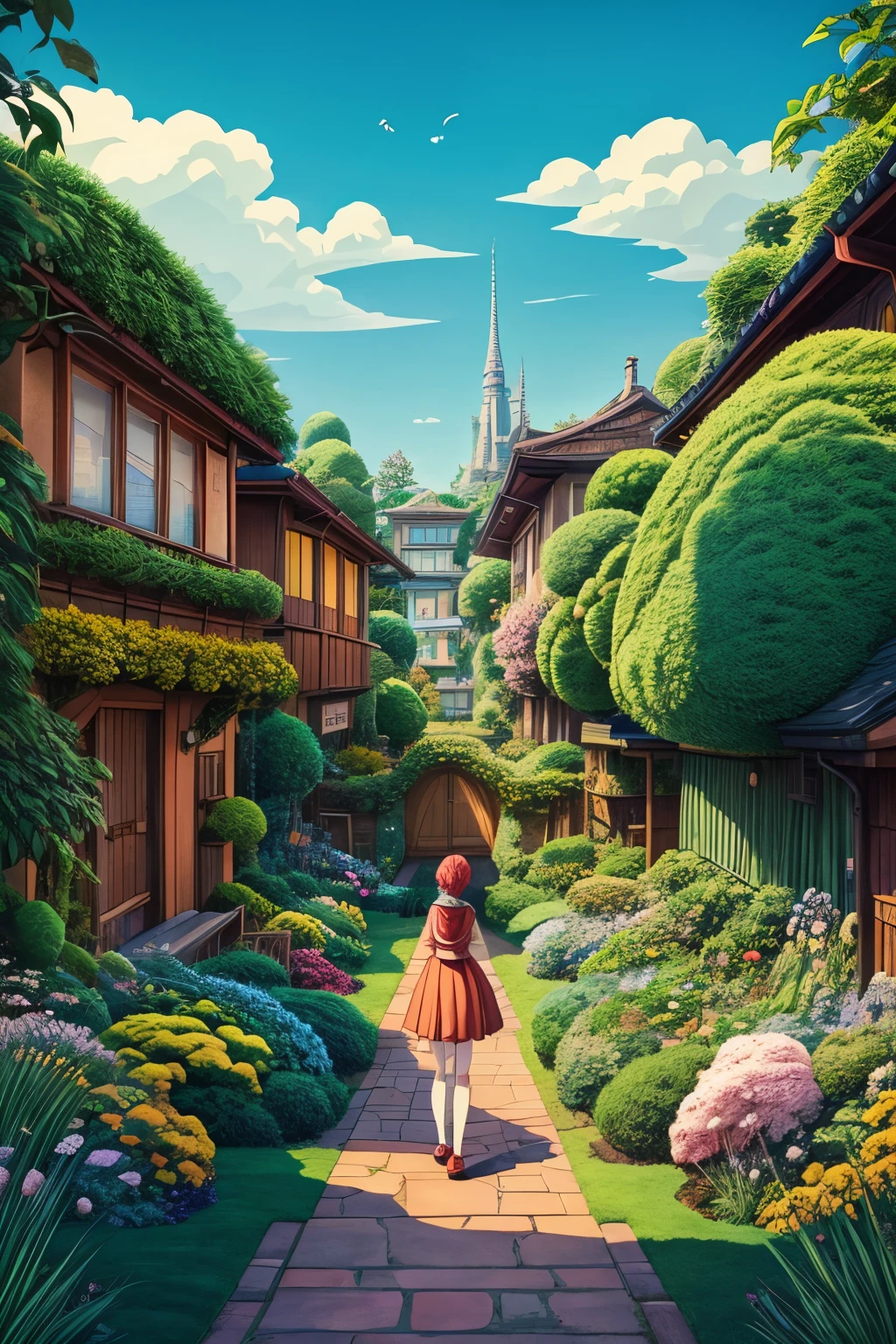 Studio Ghibli style,girl,Villain,A garden where people live,Living in hiding